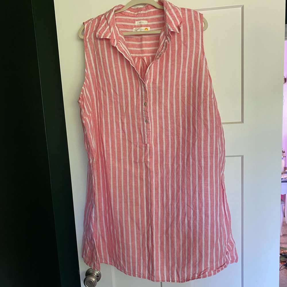 Linen red and white vertical stripe dress